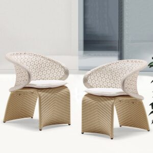 Outdoor Dining Armchairs Set of 2 – Aluminum & Rattan Patio Chairs in White & Khaki