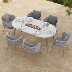 7 PCS Outdoor Propane Fire Pit Table & Rope Woven Armchair Rectangular Outdoor Dining Set Modern Yard &Ptio Furniture for 6 Person in Gray